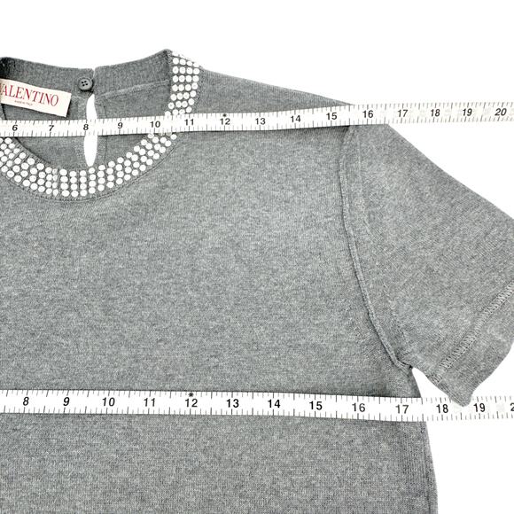 VALENTINO Rhinestone Embellished Short Sleeve Crop Knit Sweater In Grey L - Picture 14 of 15